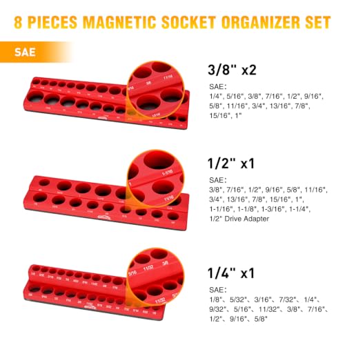 Image of GOOACC 8 PCS Magnetic Socket Organizer, Heavy Duty Socket Organizer Tray 1 /4 inch 3 /8 inch 1 /2 inch SAE Metric Drive Sockets Holds 199, Magnetic Socket Holder for Tool Box Drawer Chest Garage Storage, Blue&Red
