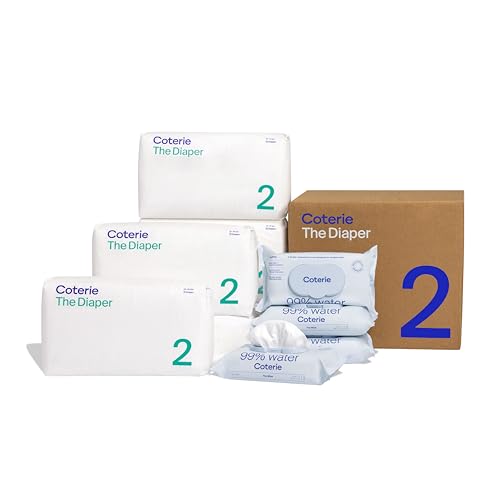 Image of Coterie Baby Diapers + Wipes Baby Kit, Size 2 (10-16 lbs) 186 Count + 4 Wipe Packs (224 Wipes) Made with Plant-Derived Fibers, Hypoallergenic, Designed for Sensitive Skin, Clean Ingredients