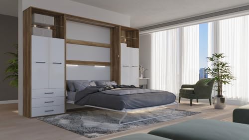 MAXIMAHOUSE Schrankbett vertikal Invento LED 140V mit 2 Regalen, Lattenrost aus Holz, Wandklappbett 140x200 modern Concept und Design, stabil,praktisch,platzsparend