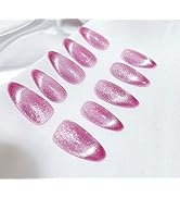 Handmade Press on Nails Medium Almond Cat Eye Fake Nails for Women's 10pcs (Pink, M)