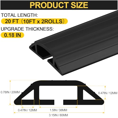 Image of MYFAMIREA 20FT Floor Cord Cover Heavy Duty Cable Cover Protector 3 Channels Extension PVC Floor Wire Cover Outdoor Cord Hider Management Cord Cover for Wire on Floor Home Outdoor (2PCS 10FT, Black)