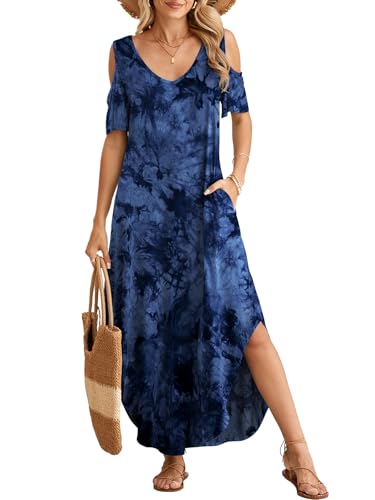 Image of BELAROI Womens Cold Shoulder Maxi Dress Plus Size V Neck Summer Sundresses with Pockets Beach Coverup Vacation Outfits