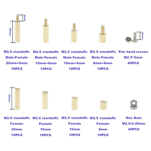 HVAZI 160PCS M2.5 Brass Spacer Standoff/Stainless Steel Screw/Nut Assortment Kit,Male-Female