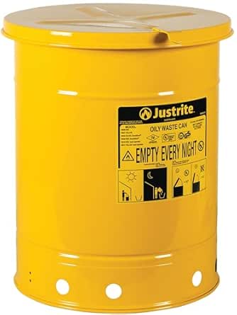 Justrite 6 Gallon Galvanized Steel Oily Waste Can – Self-Closing Lid For Safe Oil Rag Disposal, Made In USA, Red