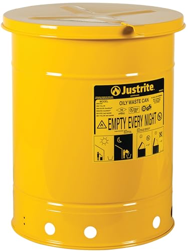 Justrite 10 Gallon Galvanized Steel Oily Waste Can, 18" x 14" Metal Oil Rag Safety Can with Hand Operated Self-Closing Lid for Oil Rag Disposal, Made in The USA, Yellow, 09311