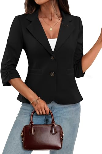 ELLEVEN Womens Casual 3/4 Sleeve Knit Blazers - High Stretch Business Work Suit Slim Fit Jacket with Pockets