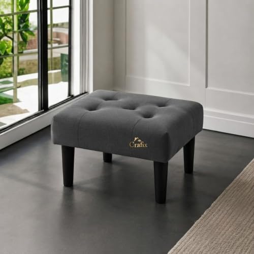 Image of Upholstered Foot Rest Ottoman Stool with Wooden Legs, Tufted Footstool for Living Room, Bedroom, Makeup Vanity, Entryway, Comfortable Footrest Bench, Modern Accent Ottoman (Grey)