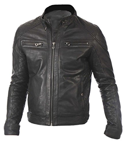 The Leather Factory Men's Genuine Lambskin Leather Biker Jacket Quilted Style XS Black