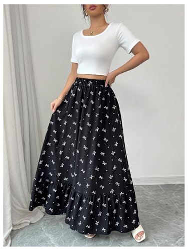 SHENHE Women's Ruffle Maxi Skirt Bow Print A Line Elastic High Waisted Flowy Long Skirt3