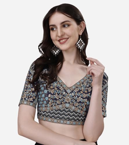 Image of Pujia Mills Mills Women's Fancy Readymade Heavy Coding Embroidary Worked Half Sleeve Multicolor Saree Blouse(Mushroom)