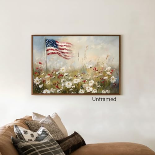 Image of American Flag Canvas Wall Art, 4th of July Patriotic Poster Print, USA Flag and Wildflower Field Landscape Picture, Rustic Independence Day Wall Decor for Bedroom Living Room 24x36in Framed