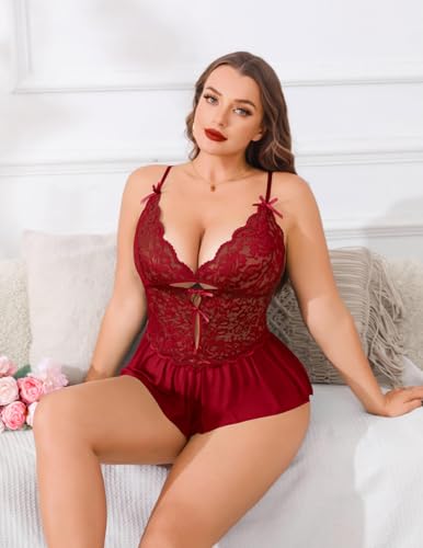 Kolagri Plus Size Lingerie for Women Sexy Lace Bodysuit V Neck Teddy Babydoll Mesh Chemise Sleepwear2
