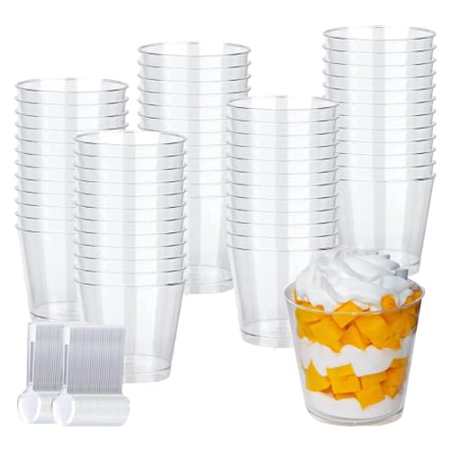Vasitos Aperitivos Plastico, 50 Piezas Vasitos para Aperitivos, 200ML Vasitos para Postres con 50 Piezas Cucharas, Reutilizable Vasos para Postres Adecuado para Hogar Fiesta Boda Festival Picnic