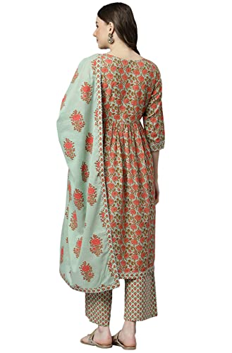 Image of Janasya Women's Light Green Cotton Kurta With Palazzo And Dupatta