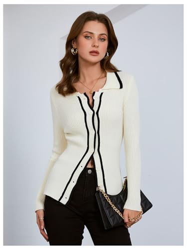 Image of Verdusa Women's Ribbed Knit Button Down Cardigan Collared Fitted Elegant Sweater Outerwear White Medium