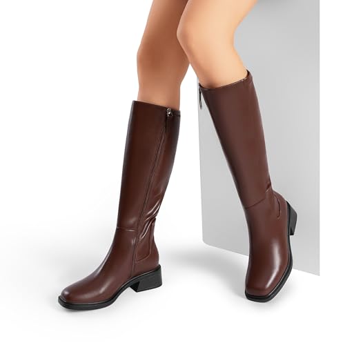 Image of DREAM PAIRS Women's Knee High Boots Square Toe Low Block Heel Casual Comfort Riding Long Boots with Side Zipper