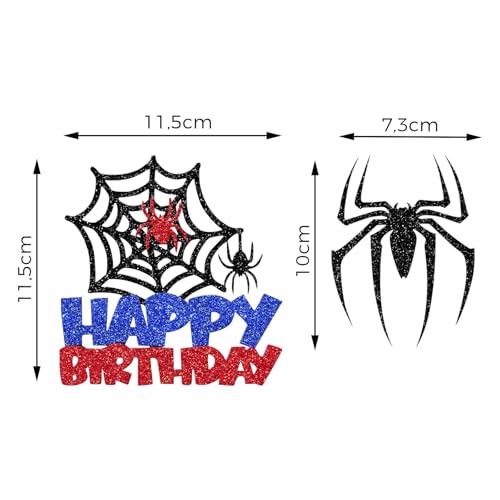 KOBOKO Spider Tortendeko Geburtstag, Spinnennetz Cake Topper Geburtstag, Glitzer Happy Birthday Tortendeko Schwarz Rot Blau, Spinne Happy Birthday Cake Topper, Spidey Kuchendeko für Kindergeburtstag
