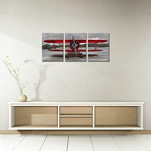 Skenoart 3 Piece Vintage Airplane Canvas Wall Art Red Jet Paintings Aircraft Pictures Red And Gray Aviation Posters Print For Living Room Bedroom Bathroom Wall Decor Office Home Wall Decorations 12"X16"X3Pcs thumb #2