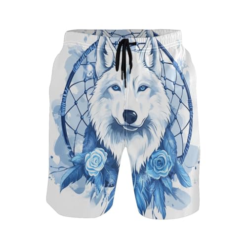 Men’s Swim Trunks Blue Rose Dreamcatcher Wolf Beach Board Shorts Swimming Short Pants Running Sports Surffing Shorts
