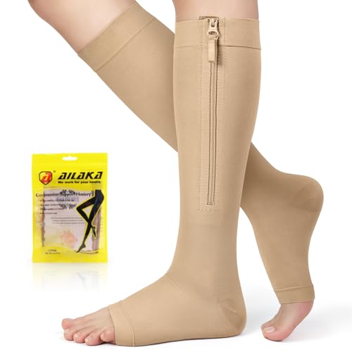 Ailaka Zipper 20-30 mmHg Compression Socks for Women & Men, Knee High Open Toe