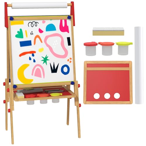 Image of AIYAPLAY Kids Easel, 3 in 1 Art Easel Double Sided Height Adjustable with Paper Roll, Whiteboard, Chalkboard, Painting Accessories, Natural Wood Finish