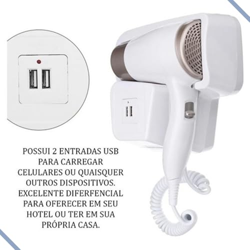 Secador de Cabelo 1500w, 220v Potente, com Suporte de Parede para Banheiro Hotel Casa Suíte Pousada