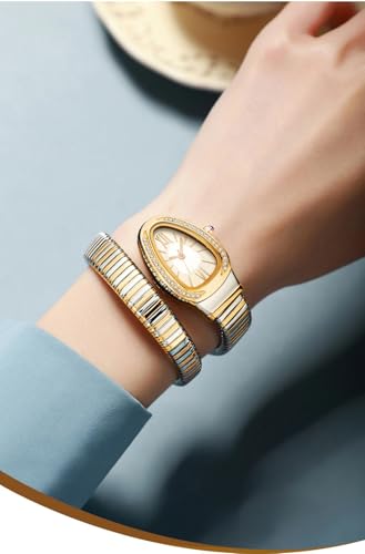 Image of Shocknshop Analog White Dial Diamond-Embellished Snake Spiral Bracelet Watch for Women -WCH166