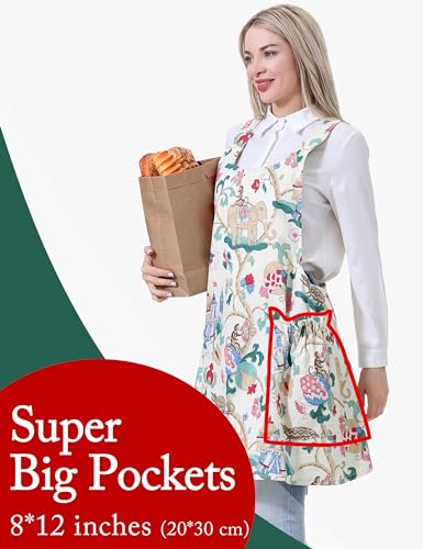 Image of Cozy Adjustable Cross Back Aprons for Women with Pockets Cotton Linen Cooking Kitchen Baking