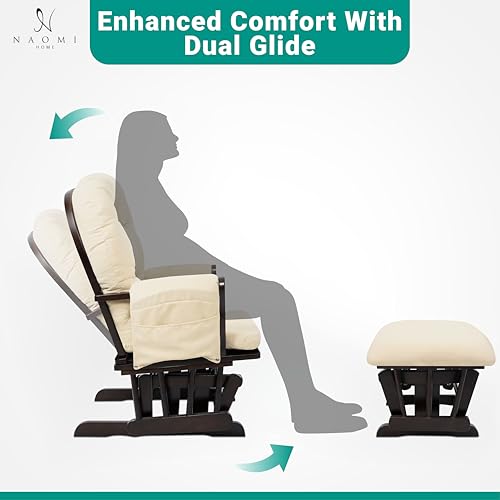 Naomi Home Brisbane Glider and Ottoman Set with Smooth Rocking & Gliding Motion, Ergonomic High-Back Support, Cushioned Armrests, Solid Wood Base, Storage Pockets, Espresso/Cream Nursery Chair