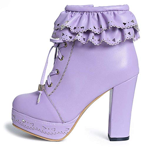 JITUUE Women's Lace Up Platform High Heel Ankle Boots Sweet Lolita Office Chunky High Heel PU Leather Ruffle Lace up Ankle Boots4