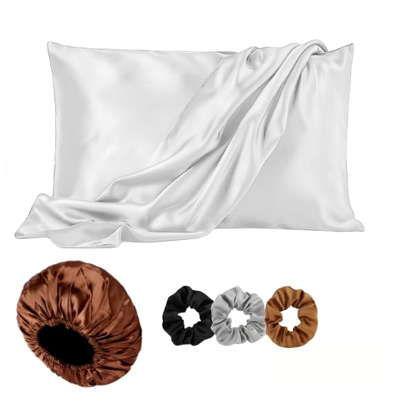 Image of Satin Pillow Cover with Silk Bonnet & 3 Premium Scrunchies - Hair & Skin Care Set for Women - Anti-Frizz Sleeping Combo - Gift Pack (White)