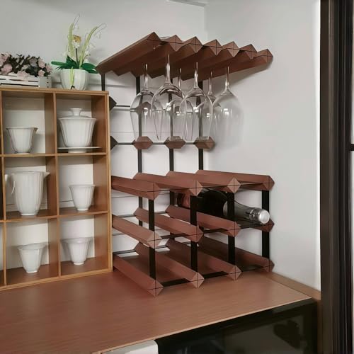 Soporte para botellas de vino de madera y metal con soporte para copas miniatura 6