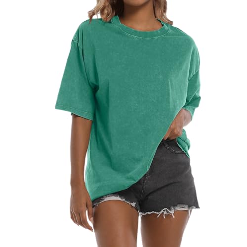 Tuislay T-shirt surdimensionné pour femme, style vintage, lavage à l'acide en coton, décontracté, baggy, t-shirt boyfriend, t-shirt grunge basique, vert, XL