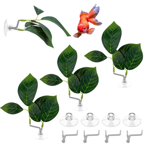 Ouligay Betta 水槽装飾ハンモック - 4個 小さなベタタンクアクセサリーデコレーション、リアルなPVC植物付き魚水族館の装飾、小さなベタタンクに最適、5.1 x 4.7インチ、グリーン