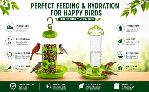 Image of PuraMart Hanging Bird Feeder for Garden, Balcony (1 Litre) | Bird Food Dispenser | 4 Feeding Ports | 360 Perch | Weatherproof Bird Feeding Station | Indoor & Outdoor Use (Combo(1-Water & 2-Feeder))