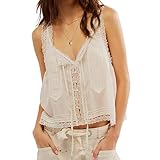 Naileksi Women Sleeveless Ruffled Lace Trim Chiffon Crop Top Scoop Neck Flowy Button Down Front Tie Mesh Crop Tank Top White
