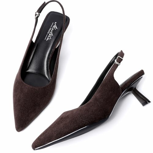 Image of Mostrin Kitten Heels for Women Pointed Toe Pumps Patent Leather Low Heel Slingback Heels with Buckle Dress Shoes for Dating Party Working