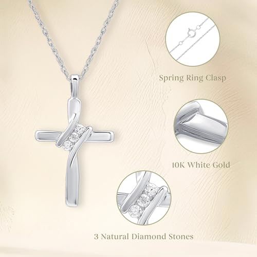 GILDED Small 10K White Gold Natural Round-Cut Diamond Accent (I-J Color, I2-I3 Clarity) 3 Stone Cross Pendant-Necklace,18"2