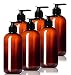 8oz Plastic Amber Bottles (6 Pack) BPA-Free Squeeze Containers with Pump Cap, Labels Included