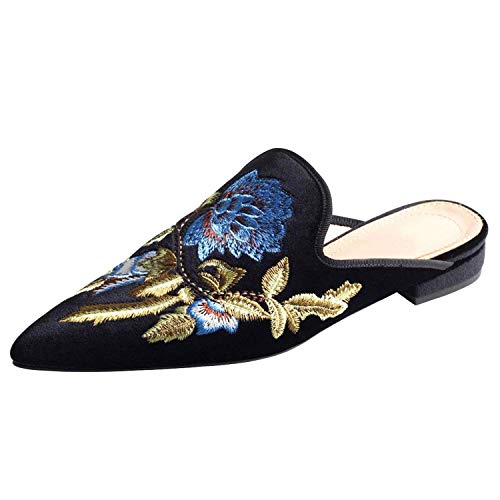 Image of Fericzot Women's Velvet Backless Pointed Toe Slip On Loafers Flats Embroidery Mule Slippers Shoes