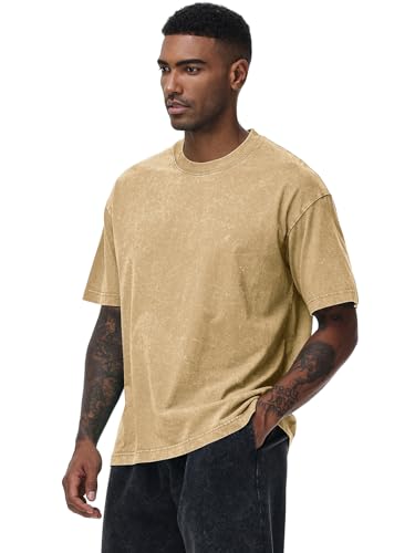 Image of Men's Oversized Cotton T-Shirts Loose Fit Vintage Washed Tee Unisex Short Sleeve Casual Shirts Tops