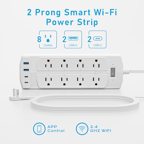 Image of 2 Prong Smart Plug Power Strip, Yozisital 2 Prong to 3 Prong Outlet Adapter, Surge Protector 2000J, 5 FT Flat Plug Extension Cord with 8 Outlets 4 USB Ports(2 USB C), Wall Mountable, White