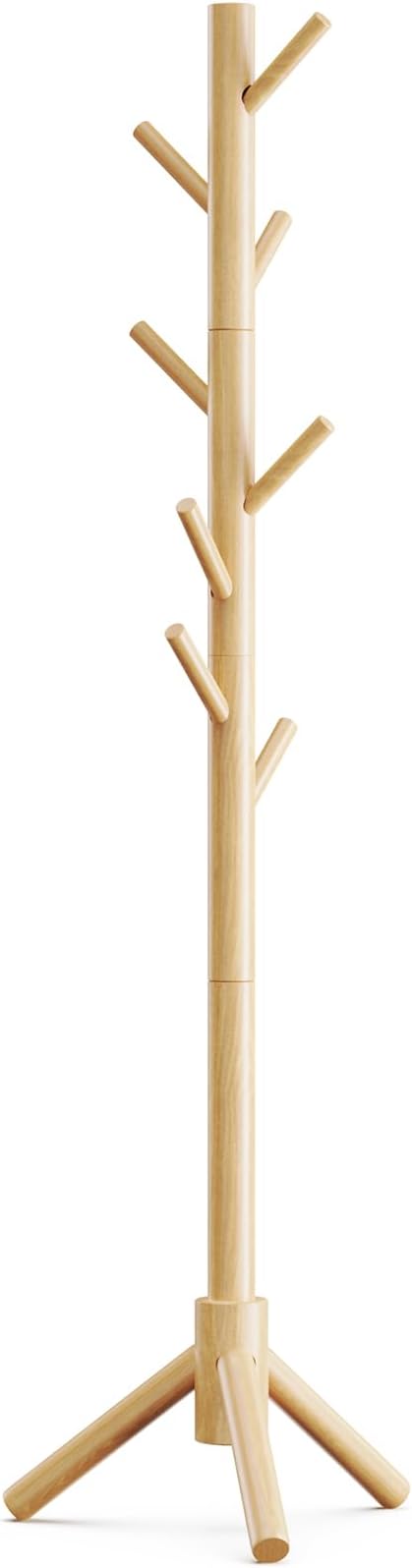 Pipishell Coat Rack Sturdy Wooden Coat Rack Stand, Adjustable Coat Tree, Free Standing Tree Hanger with 4 Sections & 8 Hooks, for Home/Bedroom/Office/Hallway/Entryway