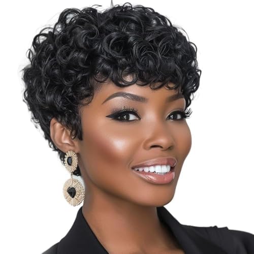 Short Curly Wig With Bangs Human Hair Pixie Cut Wigs for Wom
