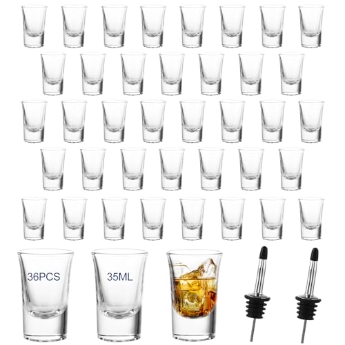 SENENQU 36 Pack 35ml / 1.2oz Shot Glasses Mini Heavy Base Shot Glasses with 2pcs Liquor Pourer Clear Shot Glass for Vodka Tequila Whisky Shots
