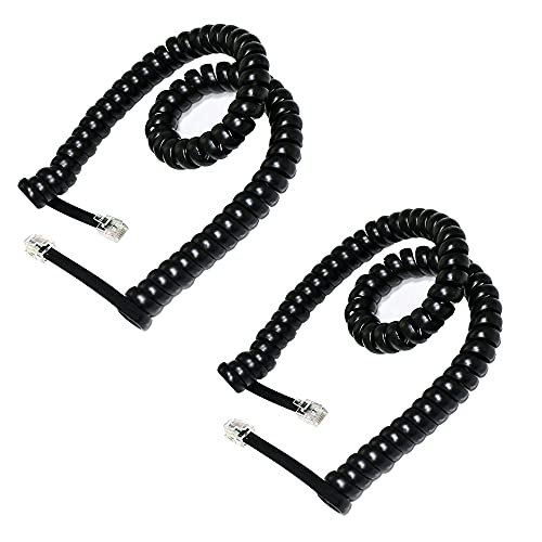 HPWFHPLF 2-Pack 6P6C RJ12 Coiled Telephone Cord, 1.6 ft (Unstretched) Male to Male Phone Cable for Landline, Modem, Fax, Office & Home, Gold-Plated Contacts (Black)