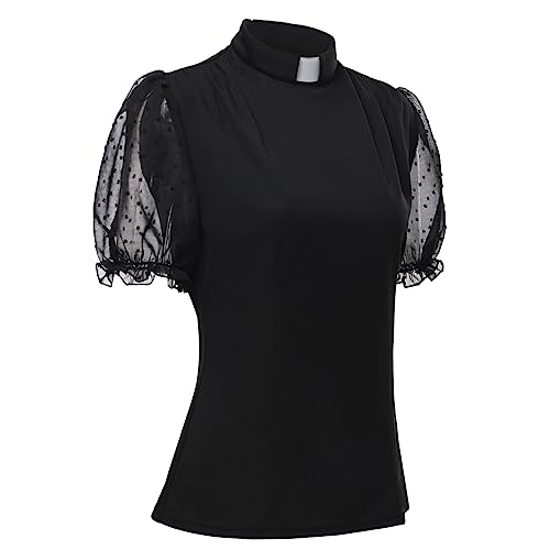 Womens Church Clergy Shirt Tab Collar Tulle Mesh Lantern Short Sleeves Slim Blouse Top4