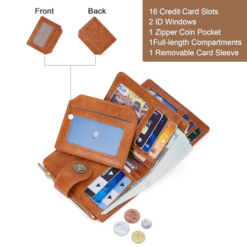 Image of CLUCI Small Wallets for Women RFID Blocking Leather Trifold Compact Credit Card Holder with ID Window Ladies Zipper Coin Purse Oil Wax Brown