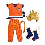  Verkleiden Anime DrachenBall Z Halloween Weihnachten Goku Kinder Cosplay Kostüm mit Perücke (Gelb, 122-140)