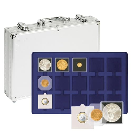 LINDNER Das Original Aluminium Coin Case with 5 Dark Blue Coin Trays for 75 Coin Frames 50 x 50 mm